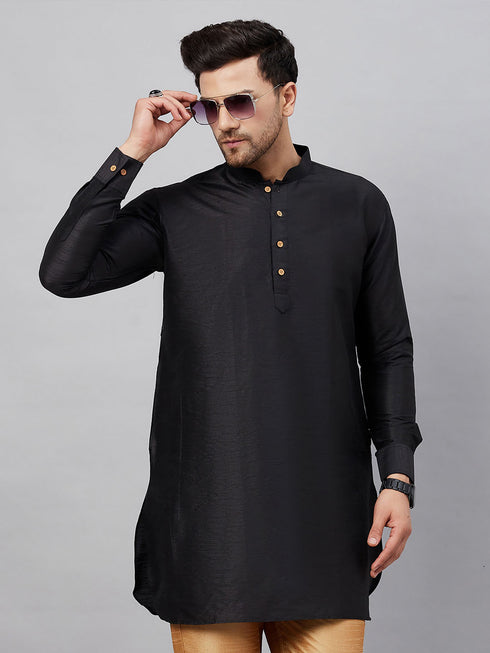 VASTRAMAY Men's Black Silk Blend Curved Kurta